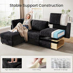 KKL Modular Sectional Sofa V-Shaped 6 Seater Couch with Storage Ottoman, Convertible L/J-Shaped Couch and Sofa Bed Plush Wide-Wale Corduroy for Living Room, Apartment, Modern Design, Black