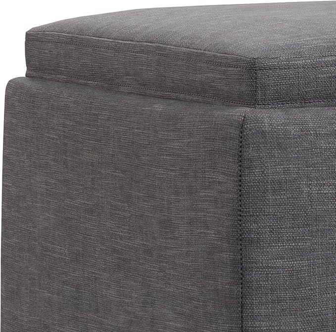 SIMPLIHOME Natasha 18 inch Wide Mid Century Square Mid Century Storage Ottoman with Tray in Slate Grey Polyester Linen, Assembled, For the Living Room, Entryway and Family Room