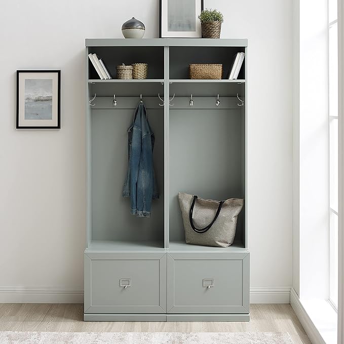 Crosley Furniture Harper 2-Piece Hall Tree Entryway Set with Storage Bench and Coat Rack Hooks for Hanging, Gray