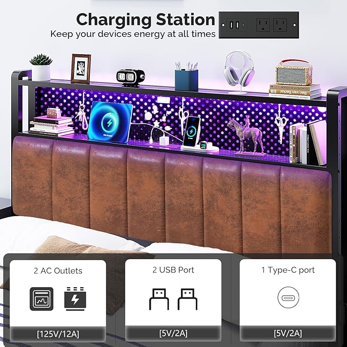 VINGLI Full Size Headboard Only, Adjustable Upholstered Headboard with 2 Tier Shelves and Pegboard with Charging Stations and LED Lights, Modern Bed Headboard with Storage for Bedroom Decor