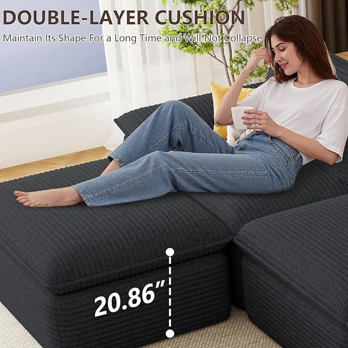 113.03" Sectional Couches for Living Room Modern Modular Sofa Couchs Upholstered Corduroy Boneless Couch Deep Seat Cloud Couch with Ottoman, No Assembly Required, Black