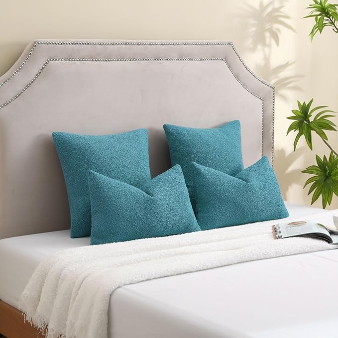 FUTEI Pack of 2 Teal Blue Decorative Throw Pillow Covers 18x18 Inch Soft Cozy Solid Boucle Textured Cushion Case,Modern Home Decor for Couch Bed Living Room