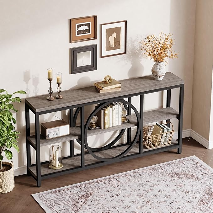 Tribesigns 70.9 Inch Extra Long Console Table for Entryway, Sofa Table Behind Couch with 3 Tier Wood Storage Shelves Industrial Metal Frame for Living Room Hallway Entryway, Black Rustic Gray