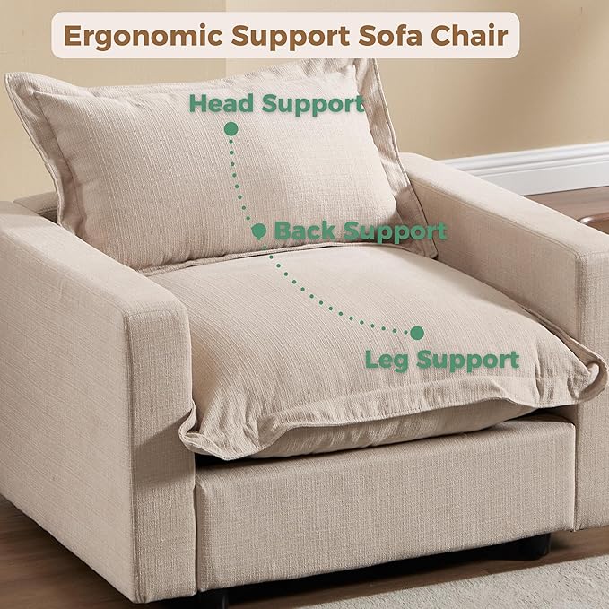 chairus 126" Modular Sectional Sofa with 2 Moveable Ottoman Upholstered Deep Seat Linen Couch Set with Soft Pillows U Shaped Sofa Couch for Living Room, Apartment, Reception Room, 4-Seater/Oatmeal