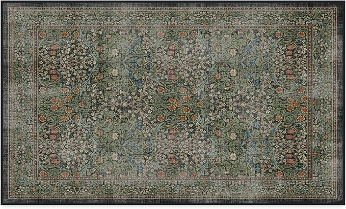 RUGGABLE x Morris & Co Washable Area Rug – Blackthorn Forest Green 3x5, Stain-Resistant, Non-Slip – Small Machine Washable Rugs for Living Room, Bedroom, Hallway, Entryway & Office–with Standard Pad