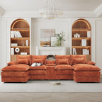 HYJT-H&K 124" U Shaped Cloud Couch Sectional, Comfy Fluffy Plush Corduroy Orange Sectional Couches for Living Room, Modern Modular Corduroy Couch Sectionals with Central Console & Double Chaise