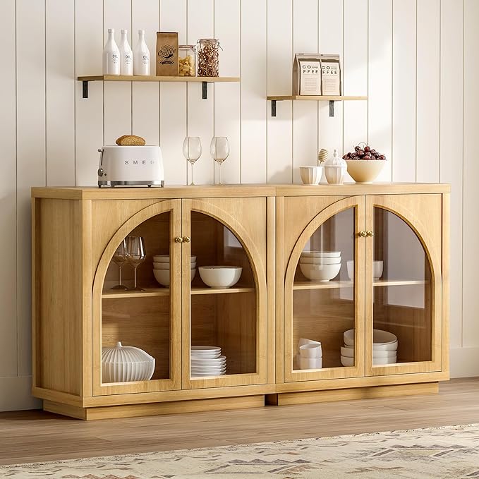 Sideboard Buffet Cabinet, Storage Cabinet with Adjustable Shelf Modular Accent Display Case with Acrylic Doors Console Table for Living Room Kitchen Entryway, Natural Oak