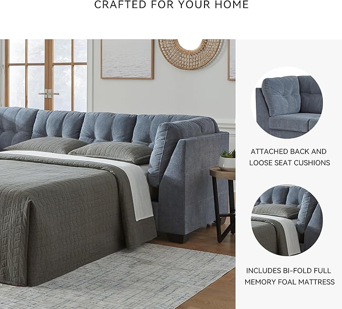 Signature Design by Ashley Marleton Contemporary Left-Arm Facing Tufted 2-Piece Sleeper Sectional with Chaise, Loose Seat Cushions and Bi-Fold Memory Foam Mattress, Full, Blue