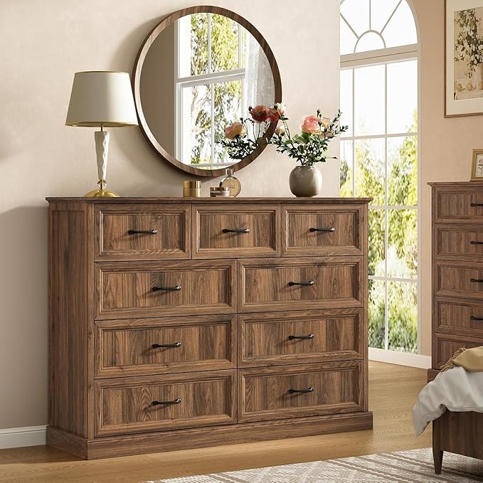 CARPETNAL Farmhouse Dresser and Nightstand Sets for Bedroom, 4 Pcs Bedroom Set, 5 Drawer & 9 Drawer Dresser and Nightstand Set of 2, Wood Chest of Drawers for Living Room, Entryway, Brown