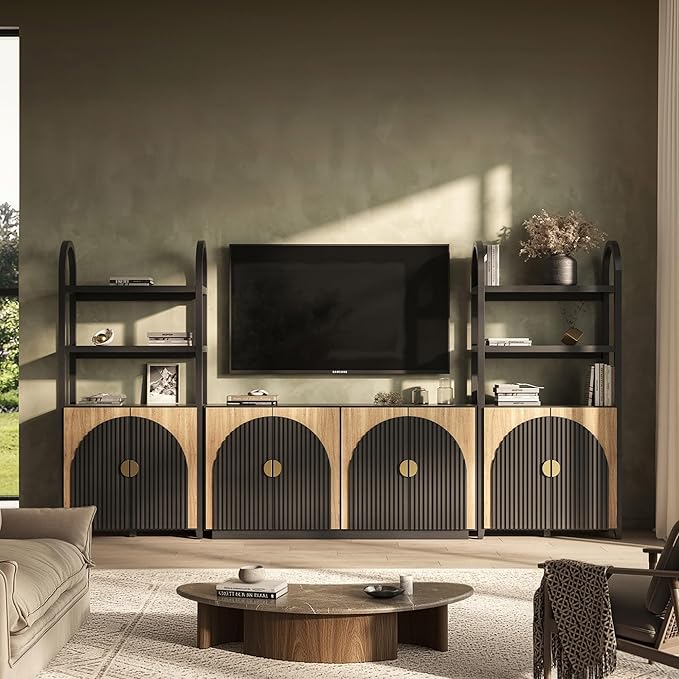 BELLEZE 4-Piece Modular Arched TV Stand Entertainment Center Set, Mid Century Modern 2 Piece 72″ Tall Storage Cabinets and 2 Piece 65″ Fluted TV Console for Living Room (Camel)