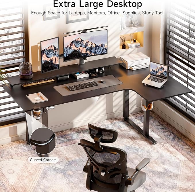 L Shaped Standing Desk, 63x43'' Electric L Stand Up Desk with 2 Adjustable Monitor Shelves, Dual Motor and Memory Controller, Adjustable Height from 28-46'' for Home and Computer Workstation, Black