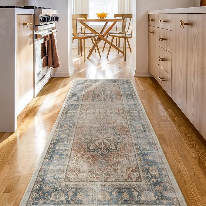 RUGGABLE Washable Vintage Runner Rug – Kamran Coral 2.5x7, Stain-Resistant, Non-Slip Hallway Runner – Machine Washable Rug for Hallway, Entryway, Living Room & Kitchen – with Standard Pad