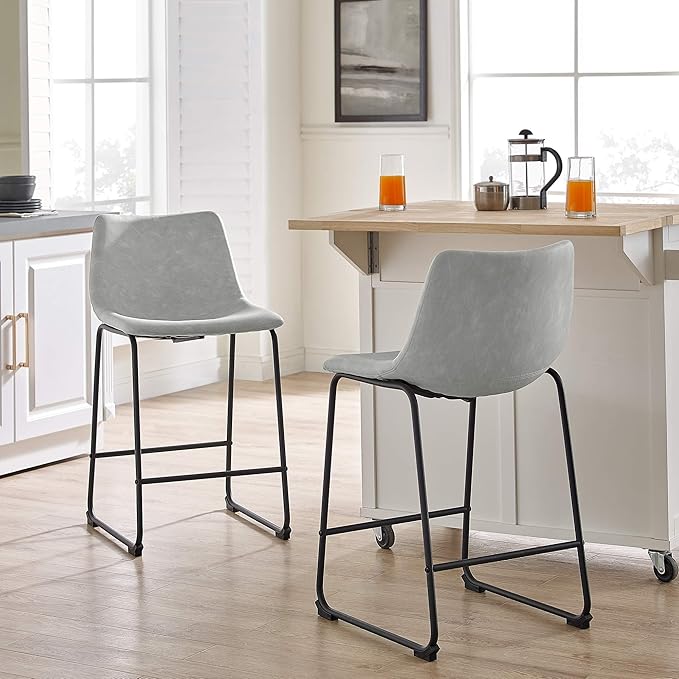 Walker Edison Douglas Urban Industrial Faux Leather Armless Counter Chairs, Set of 2, Grey