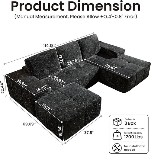 114" Glitter Cloud Sectional Couch with L-Shape Chaise & Ottoman, Modern Boneless Couches for Living Room, Fluffy Tufted Deep Seat Modular Sofa No Assembly (Gray Sparkly Velvet,Right Facing)