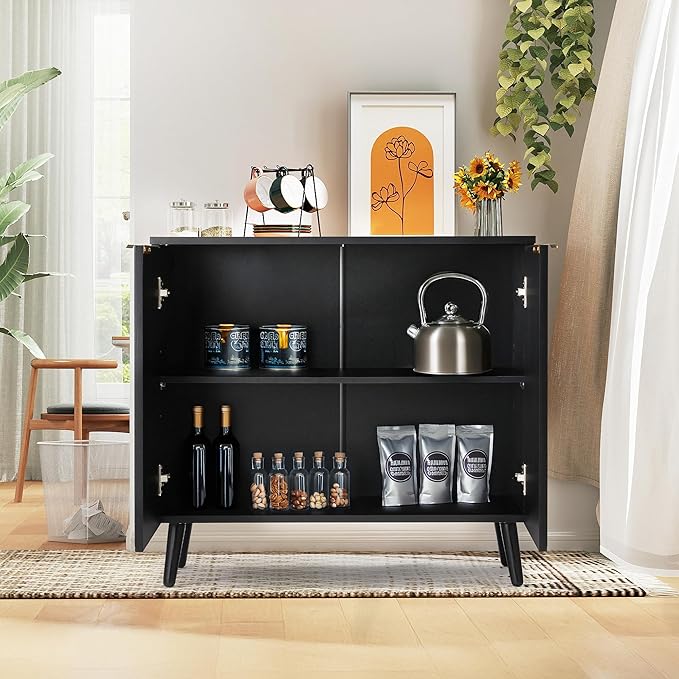 Fluted Storage Cabinet with Doors Set of 2, Wooden Sideboard Buffet Cabinet with Adjustable Shelves, Modern Accent Table for Living Room, Entryway, Black