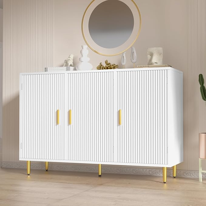 White Sideboard Buffet Cabinet, Accent Coffee Bar with 3 Doors, Entryway Cabinet for Living Room, Kitchen, Hallway