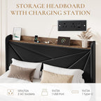 SHA CERLIN Full Size Bed Frame with 3 Drawers, USB & Type-C Charging Ports, Velvet Upholstered Platform Bed with Modern Geometric Wingback Storage Headboard, No Box Spring Needed, Easy Assembly, Black