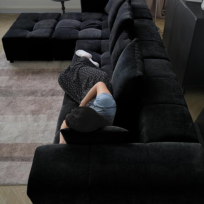 WJShome Oversized Modular Sectional Sofa, V Shaped Couch with Ottoman,Sectional Couches for Living Room,Large Linen Deep Seat with Pillow Couches for Home,Spacious Space,Black