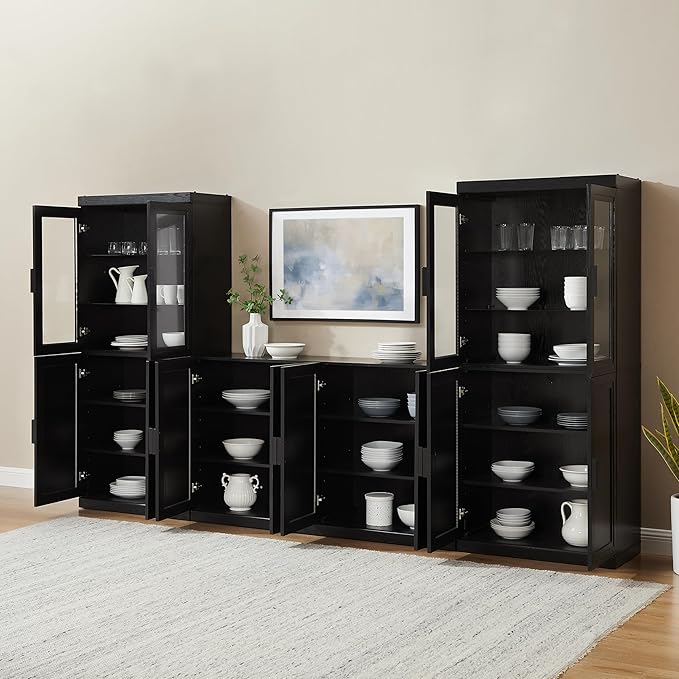 Crosley Furniture Essen 3-Piece Modern Glass Door Sideboard Buffet Cabinet and Kitchen Storage Pantry Set, Black