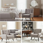 Mid-Century Modern Accent Chair, Plush Linen Fabric with Button Tufted High Back & 5" Thick Cushion, High Comfort Reading Chair for Living Room, Bedroom, Office (Light Gray)