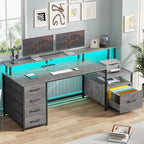 SEDETA Home Office Desk with File Drawer & Power Outlet, 66'' Computer Desk with 5 Drawer, Storage Shelves, Printer Cabinet and Monitor Shelf, Gaming Desk with Led Lights, Grey