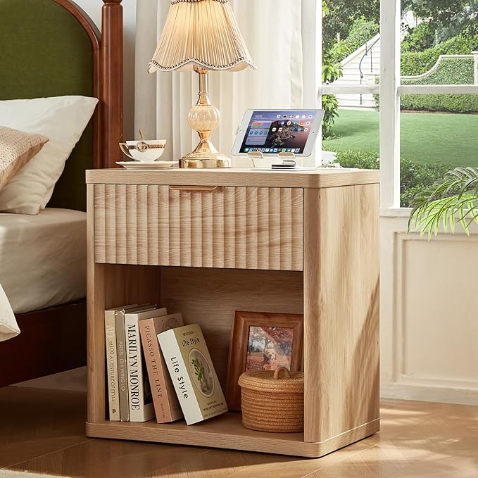 LEYAOYAO Fluted Farmhouse Nightstand Set of 2 with Charging Station, 23" Wide 1 Drawers End Table,Natural Dresser for Bedroom,Bed Side Table Chest of Drawers Cabinet,Wood Night Stand for Living Room
