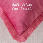FUTEI Hot Pink Velvet Decorative Throw Pillow Covers 22x22 Set of 2,Soft Cozy Edge with Tassels Cushion Case,Boho Modern Home Decor for Couch Bed Living Room
