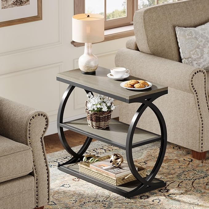 Tribesigns End Table, Narrow 3-Tier End Table for Living Room, Industrial Wooden Side Table with Metal Frame, Small Bedside Nightstand for Bedroom, Small Spaces, Grey