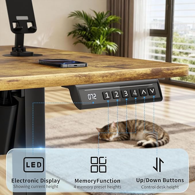 Shahoo 55 Inch Standing Desk, Electric Height Adjustable Computer Desks with Hook and Cable Hole, Rustic Brown