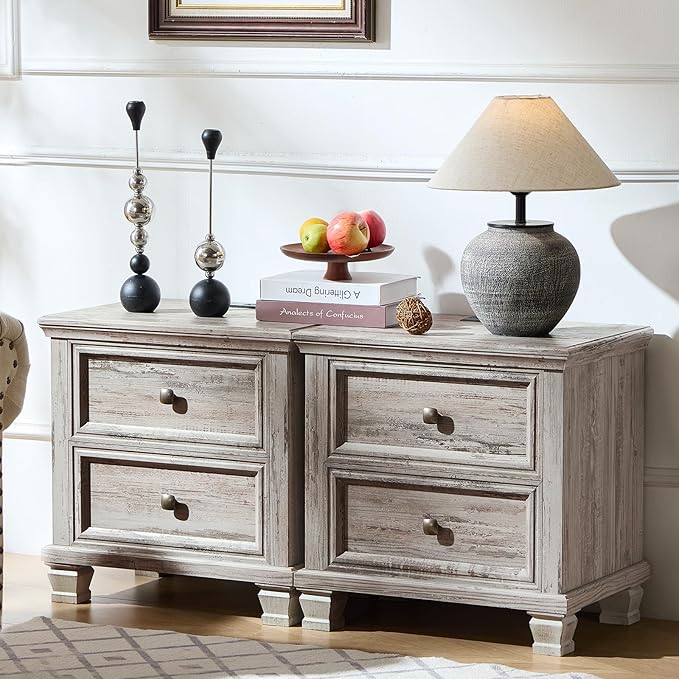 Farmhouse Nightstand Set of 2 for Bedroom, Mid-Century Low Nightstands with 2 Drawers & Charging Station, Vintage Night Stands with 4 Square Solid Wood Legs, Small Dresser for Home, Grey