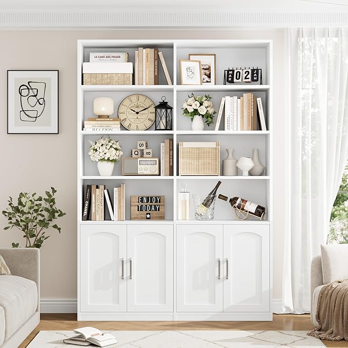 FACBOTALL Bookshelf and Bookcase with Doors, 6 Tier Double Wide Large Bookshelves, Open Display Shelves, 73'' Tall Bookshelf with Storage Cabinets for Home Office, Living Room, Library, White