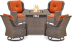 Outdoor Patio Swivel Gliders with Fire Pit Table 5 Piece Set - High Back Brown Wicker Rattan Rocking Chair with Thick Cushion for Porch Apartment Deck Yard Poolside Garden - Orange