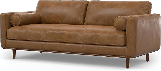 SIMPLIHOME Morrison 89-inch Wide Sofa in Caramel Brown Top Grain Genuine Leather, Mid-Century Modern Design Couch for Living Room, Single Bench Cushion, 2 Back Cushions, 2 Bolster Pillows