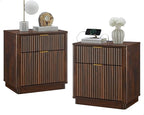 T4TREAM 23'' Fluted Nightstand Set of 2 with Charging Station, Large 2 Drawer Bedside Table, Modern End Table with Storage, Mid Century Night Stand for Bedroom Living Room, Curved Profile, Dark Walnut