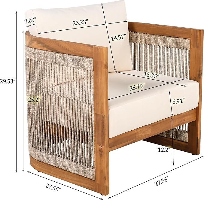 Christopher Knight Home Nesbit 4 Pieces Conversation Set, Acacia Wood Chat Set, Woven Rope Loveseat and Accent Chairs, Slat Panel Coffee Table, Patio Furniture Set for Backyard Balcony Garden, Beige