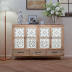 Accent Cabinet with 4 Doors & 3 Drawers, Hollow Carved Storage Sideboard, Wood Buffet Cabinet for Living Room, Dining Room, Entryway (4-Door + 3 Drawers)