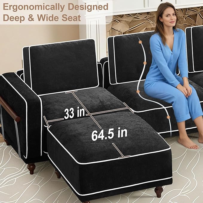 146" Cloud Modular Sectional Sofa,Oversized Deep 4 Seater Couch with Armrests Wooden Legs,Comfy Thicked Cushion Upholstered Sofa for Living Room Bedroom,Black