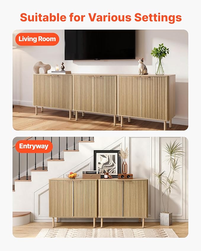 VEVOR Fluted Cabinet, Buffet Cabinet with 2-Tier Storage, Coffee Bar Cabinet with Adjustable Shelves, Sideboard Buffet for Hallway, Entryway, Living Room, or Kitchen, Oak