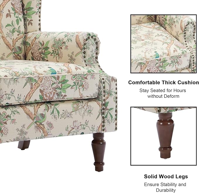 Accent Chair, Upholstered High Back Floral Armchair with Nailhead Trim & Wood Legs, Comfy Wingback Reading Single Sofa Chair for Small Spaces, Living Room, Bedroom (Bird Floral, Set of 2)