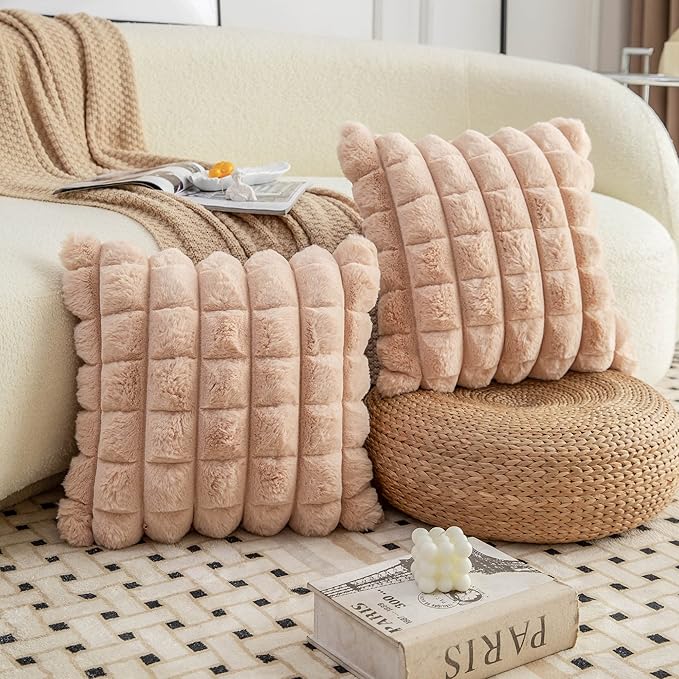 Neelvin Camel Faux Fur Cozy Soft Plaid Decorative Throw Pillow Covers 22x22 inch Set of 2,Velvet Pillowcase Cushion Case for Sofa Couch