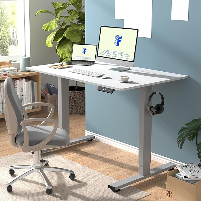 FLEXISPOT EN1 One-Piece Electric Standing Desk 48 x 24 Inches Seamless Seamless Desktop Height Adjustable Desk Stand Up Desks for Home Office (Silver Frame + White Top, 2 Packages)