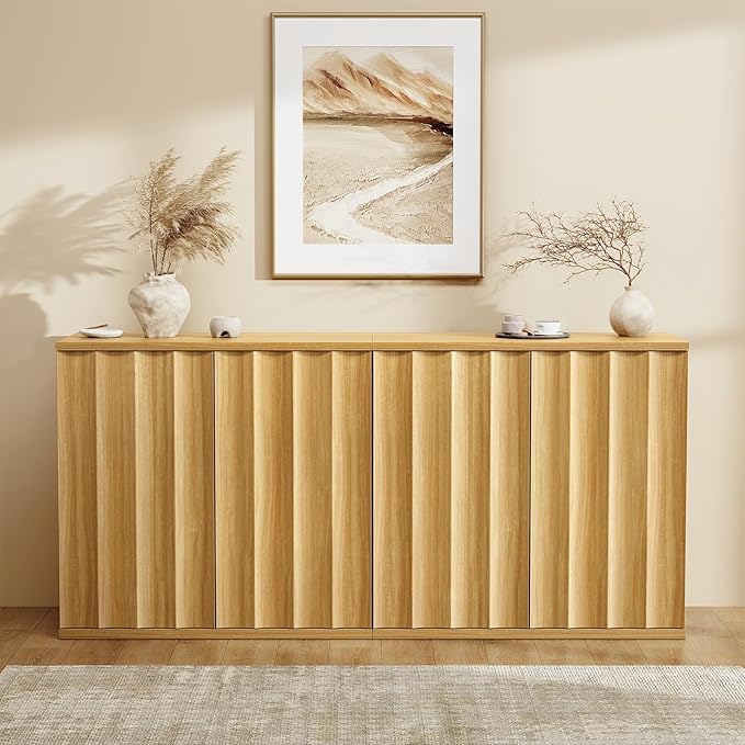 Fluted Sideboard Cabinet with Storage, 31.5" Coffee Bar Cabinet, Modern Kitchen Buffet Cabinets with Doors, Entryway Cabinets for Living Room, Kitchen, Coffee Bar, Natural