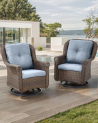 Patio Chairs Outdoor Swivel Glider - Set of 2 High Back Outside Brown Wicker Rattan Rocking Chair with Thick Cushion for Porch Apartment Deck Yard Poolside Garden - Baby Blue