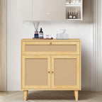 Storage Cabinet with Rattan Decor Doors & Drawer, Modern Bathroom Floor Storage Cabinet Organizer, Freestanding Cupboard for Kitchen/Living Room Use
