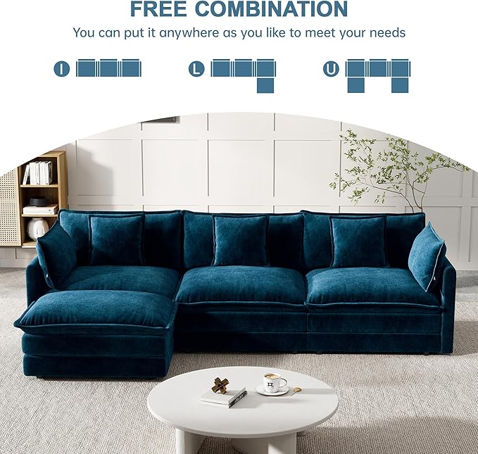 Modular Sectional Sofa, 111.5 Inch L-Shaped Cloud Sofa with Deep Seat Chenille Sofa with Cushions, Three-Self Sectional Sofa for Living Room Apartment,Blue