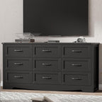 Dresser for Bedroom with 9 Drawers, 63" Wide Wood Chest of Drawers with Deep Drawers & Mental Handle, Modern Dresser TV Stand, Wooden Closet Storage Organizer for Living Room, Hallway, Entryway, Black
