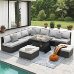 NICESOUL 10 Piece Modern Outdoor Patio Furniture Set with Firepit Natural Gas Propane Convertible, 29.3'' High Back Extra Large Size Wicker Conversation, Deep Wide Comfortable Couch for Outside, Grey