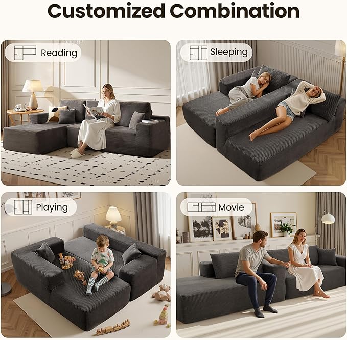 104" Cloud Sectional Couch with Chaise, Boneless L-Shaped Cloud Couch with Deep Seat, Corduroy Modern Minimalist Sofa, Assembly Free Comfy Sofa for Office Living Room Apartment(Grey, Left Chaise)