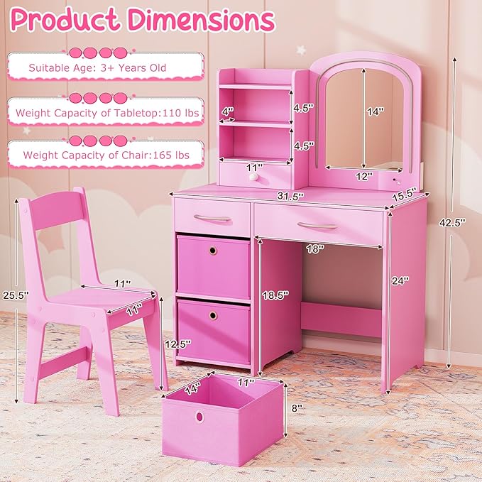 Costzon Kids Vanity with Lights, Princess Makeup Dressing Desk with Mirror and Stool, Storage Drawers, Shelves, Kids Vanity Table and Chair Set for Little Girls (Pink)