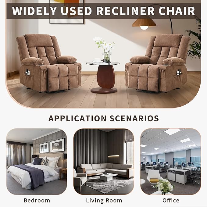 Large Power Lift Recliner Chair for Elderly Overstuffed Wide Electric Lift Chair with Heat and Massage for Big and Tall Adults Reclining Sofa Chair with 2 Cup Holders, Side Pocket, USB Port, Brown